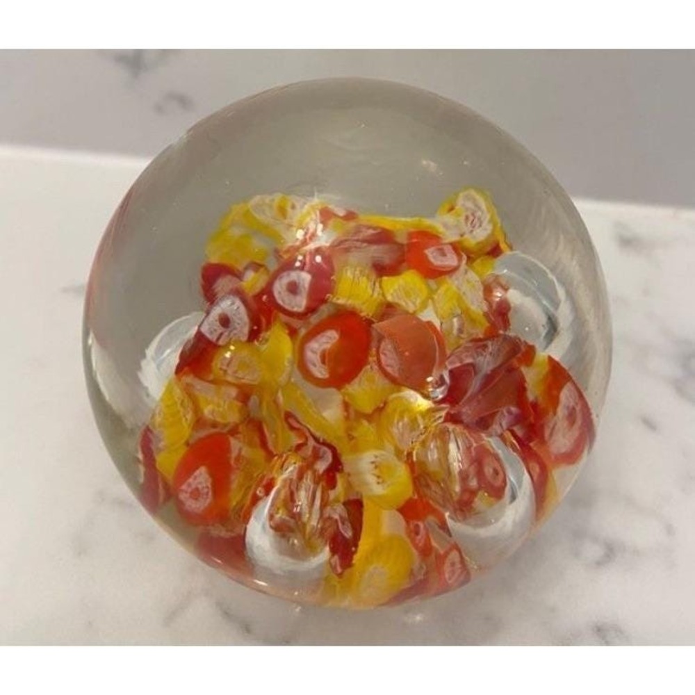 Murano Italian Glass Paperweight Faceted‎ With Millefiori Orange And Yellow EUC